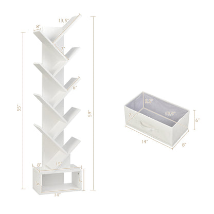 10-Tier Tree Bookcase with Drawer for Storage-White