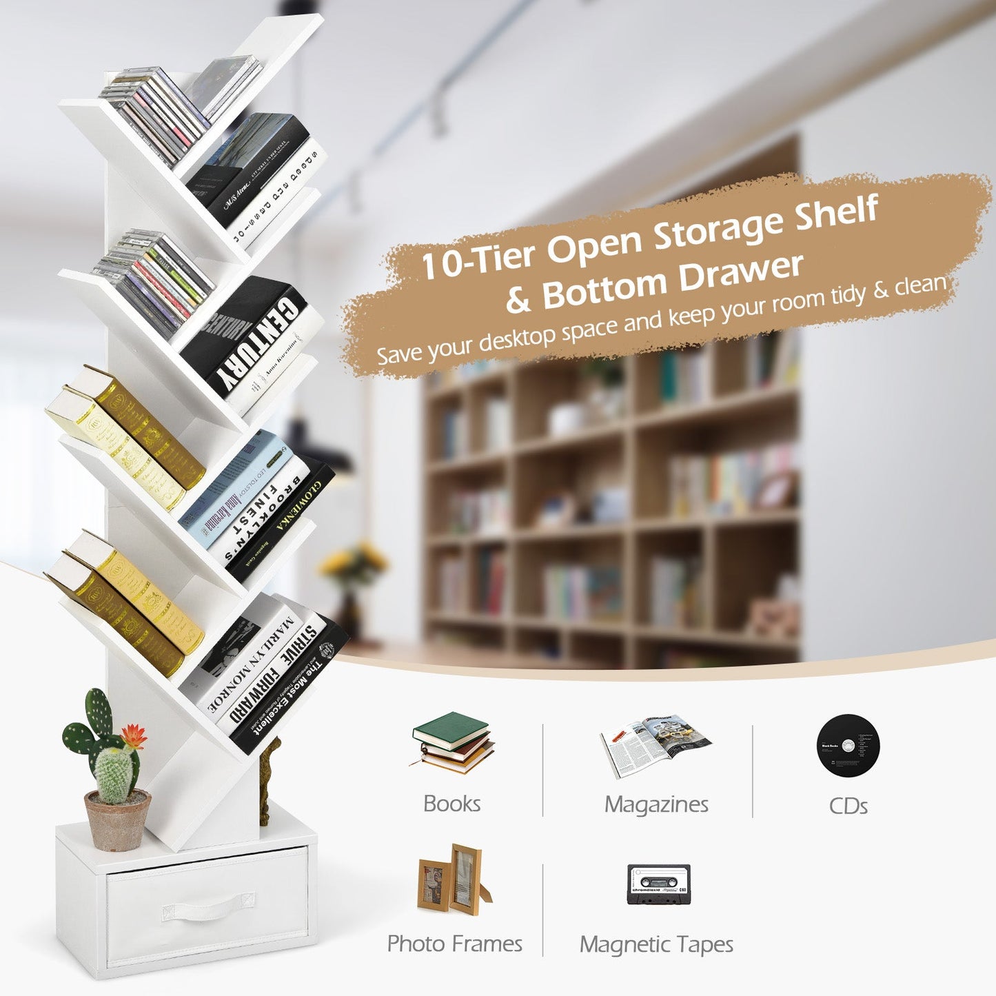 10-Tier Tree Bookcase with Drawer for Storage-White