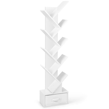 10-Tier Tree Bookcase with Drawer for Storage-White