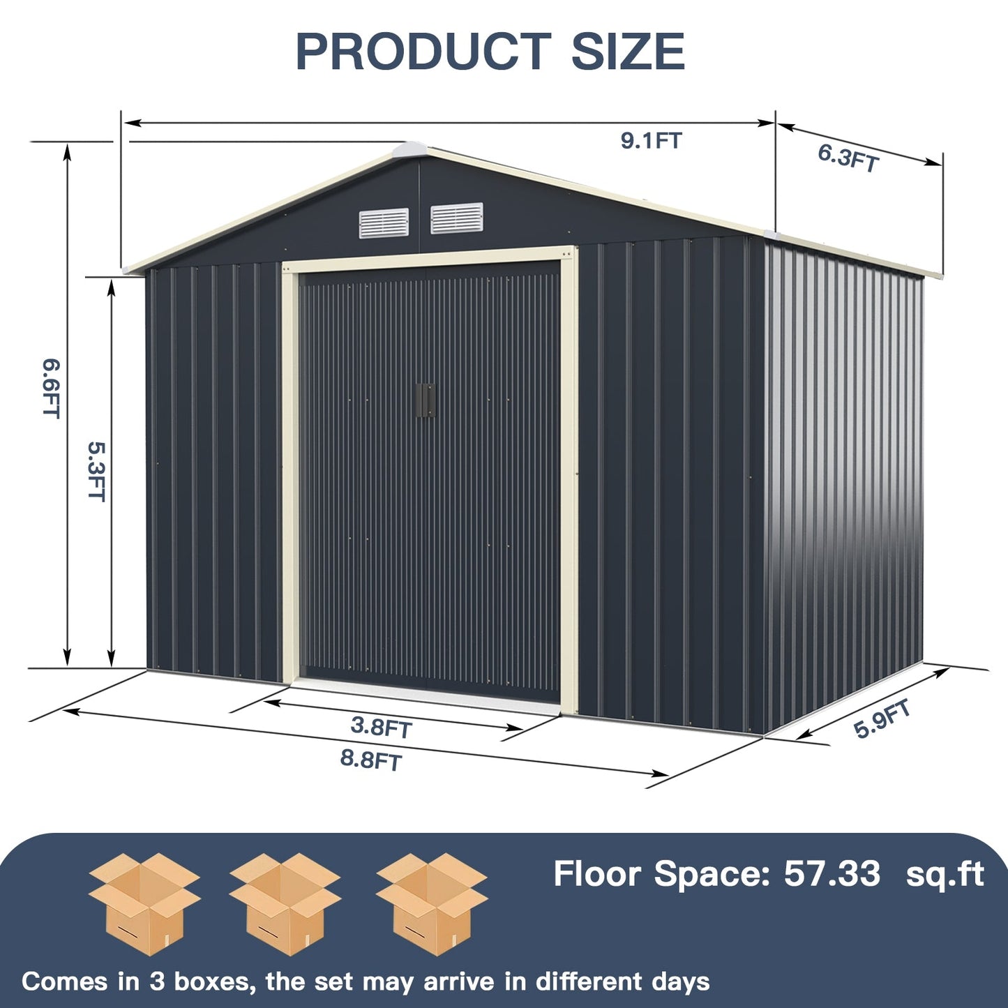 Outdoor Storage Shed with 4 Vents and Double Sliding Door-277x181cm Storage Shed