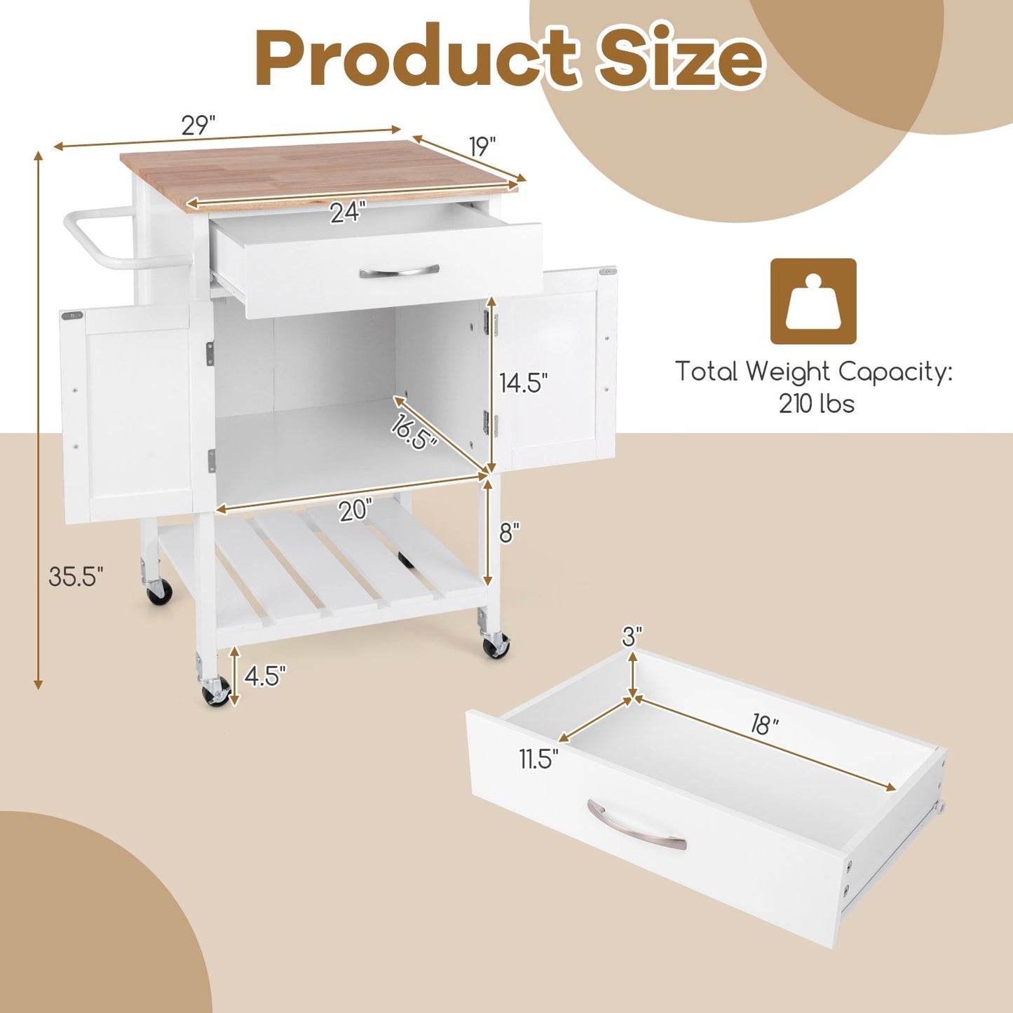 Rolling Kitchen Island Cart with Drawer and 2-Door Storage Cabinet-White
