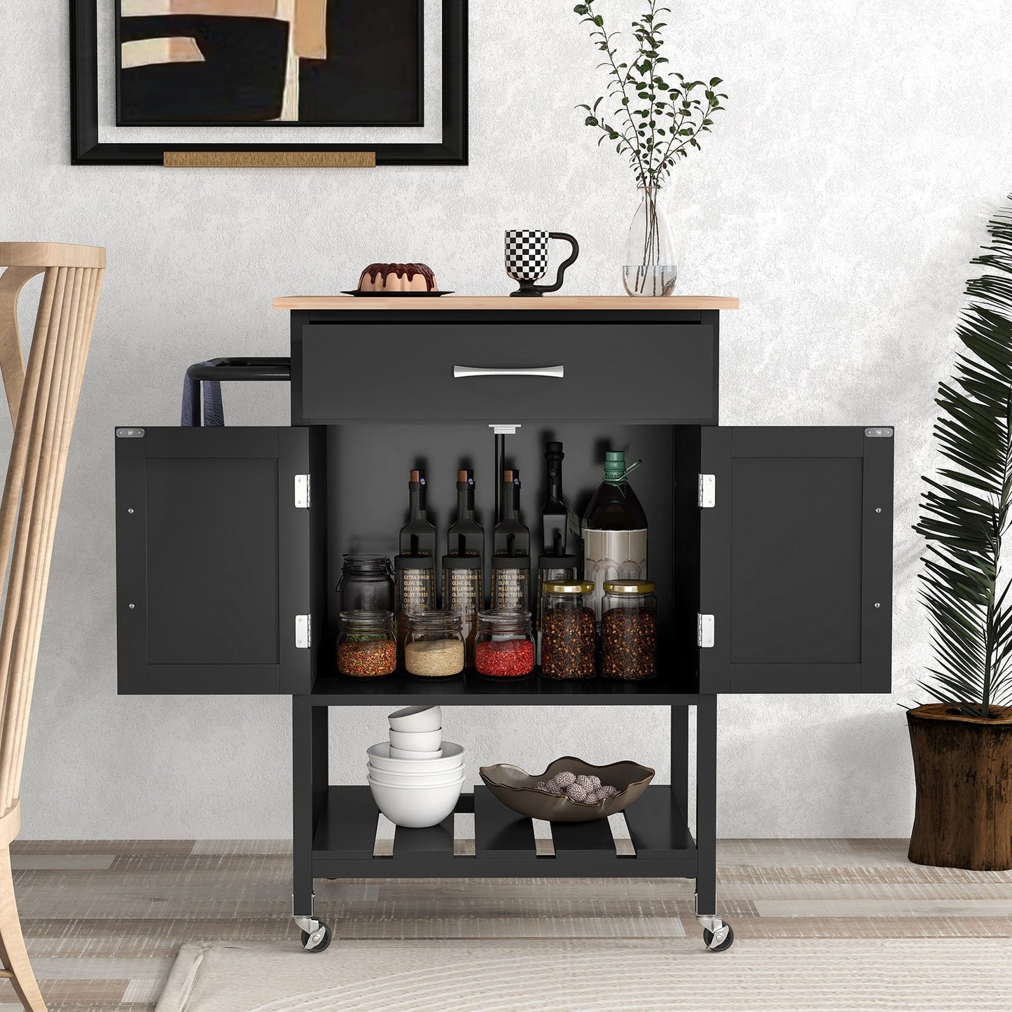 Rolling Kitchen Island Cart with Drawer and 2-Door Storage Cabinet-Black