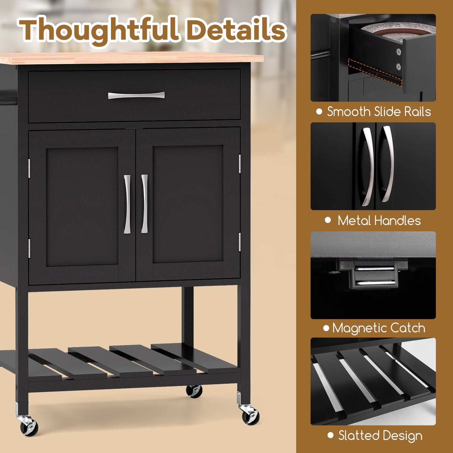 Rolling Kitchen Island Cart with Drawer and 2-Door Storage Cabinet-Black