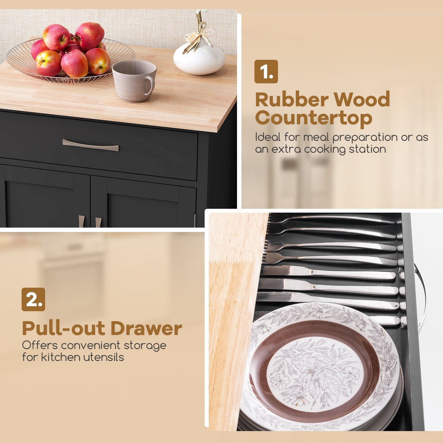 Rolling Kitchen Island Cart with Drawer and 2-Door Storage Cabinet-Black