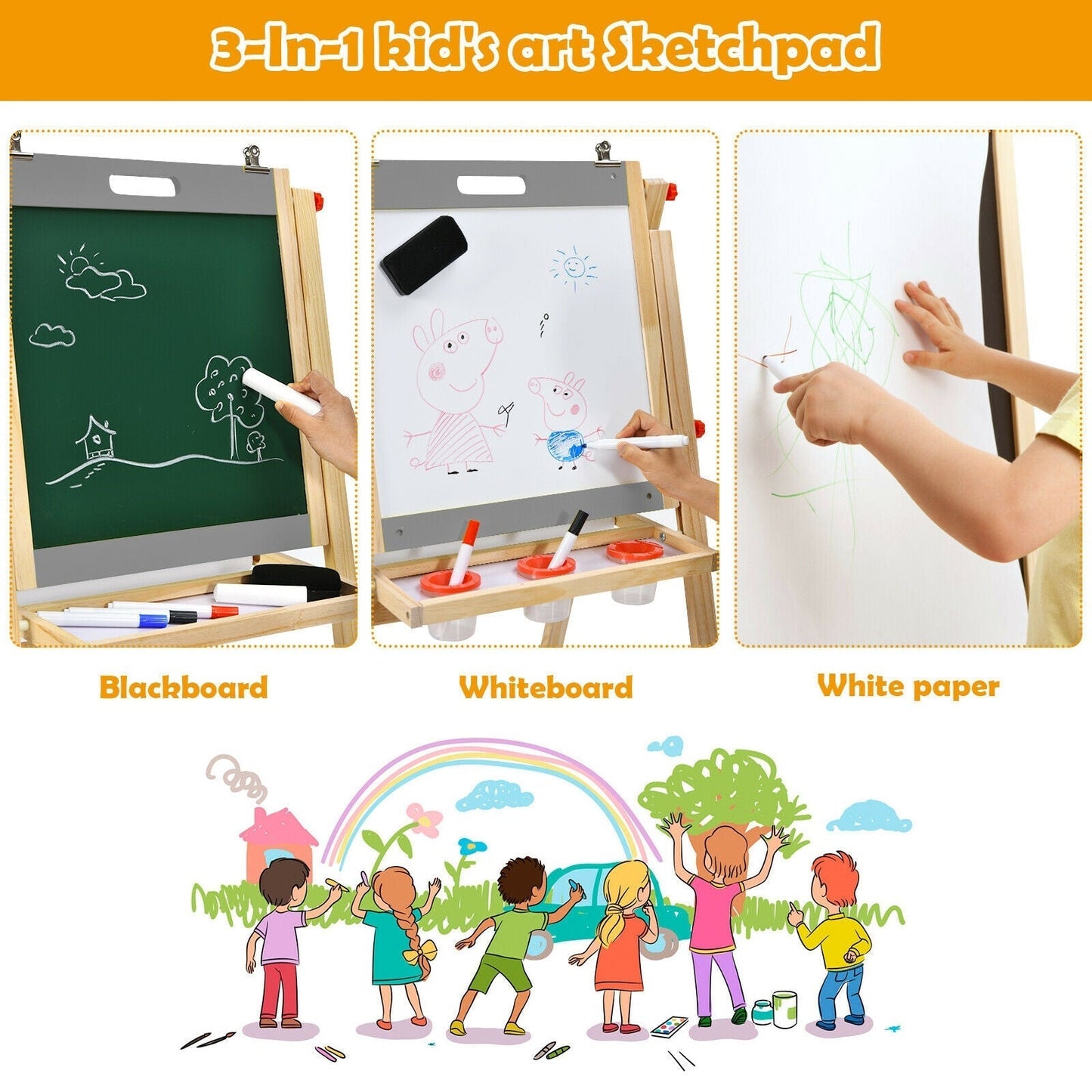 Kids Art Easel with Paper Roll Double Sided Chalkboard and Whiteboard-Gray