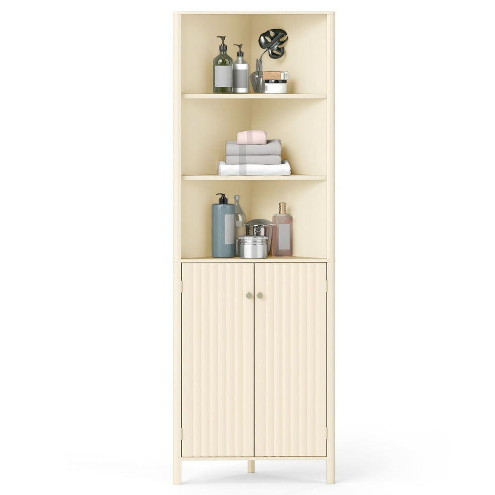 172 CM Tall Corner Cabinet with 5 Shelves and 2 Fluted Doors-Beige