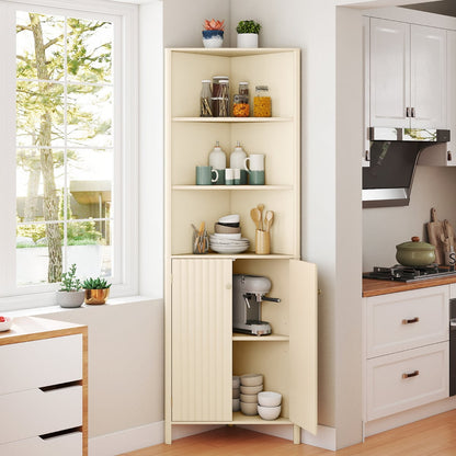 172 CM Tall Corner Cabinet with 5 Shelves and 2 Fluted Doors-Beige