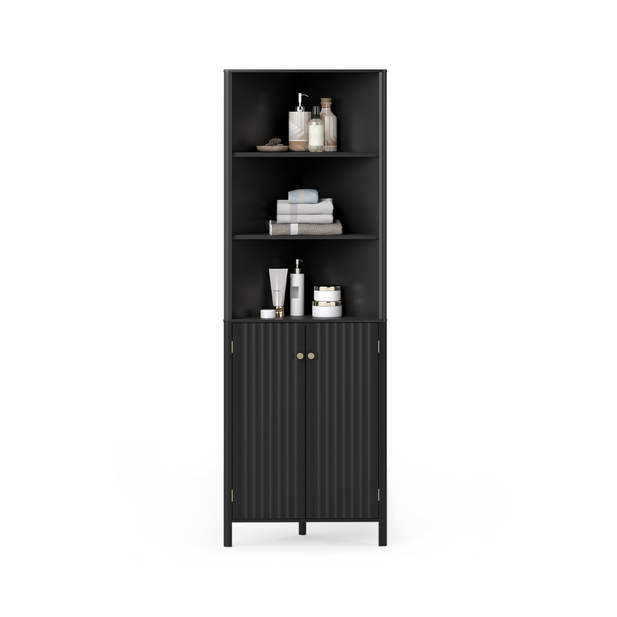 172 CM Tall Corner Cabinet with 5 Shelves and 2 Fluted Doors-Black