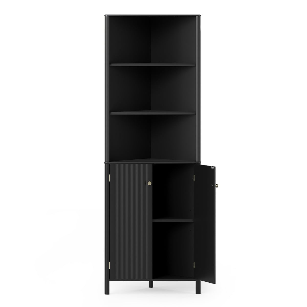 172 CM Tall Corner Cabinet with 5 Shelves and 2 Fluted Doors-Black
