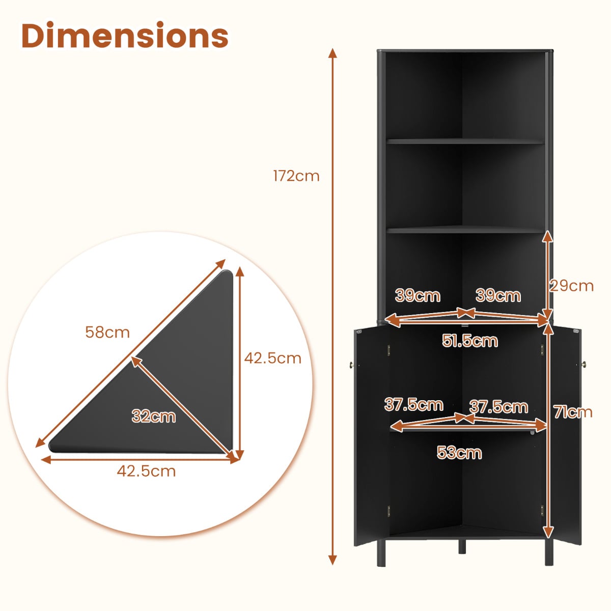 172 CM Tall Corner Cabinet with 5 Shelves and 2 Fluted Doors-Black