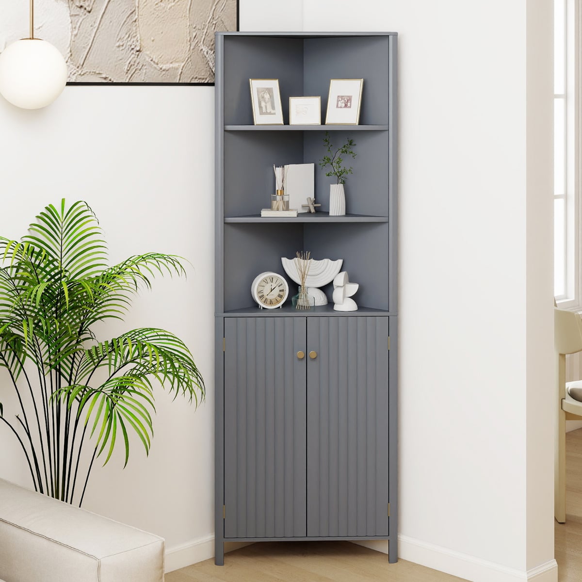 172 CM Tall Corner Cabinet with 5 Shelves and 2 Fluted Doors-Grey