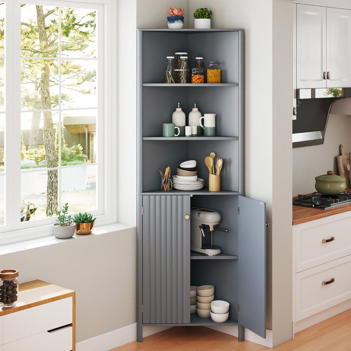 172 CM Tall Corner Cabinet with 5 Shelves and 2 Fluted Doors-Grey