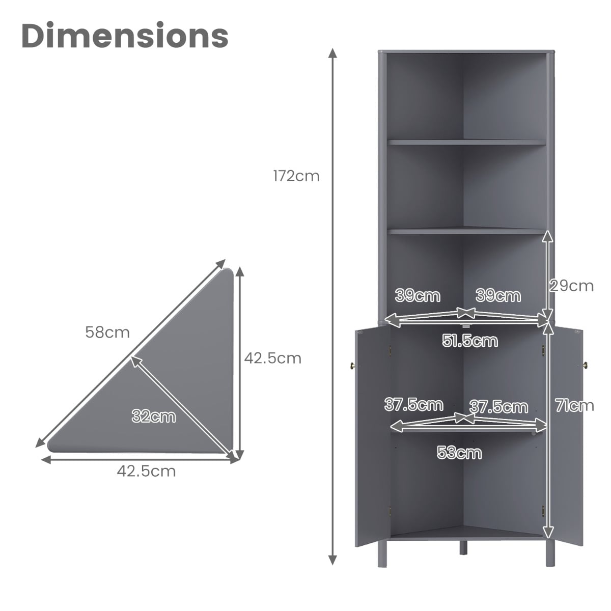 172 CM Tall Corner Cabinet with 5 Shelves and 2 Fluted Doors-Grey