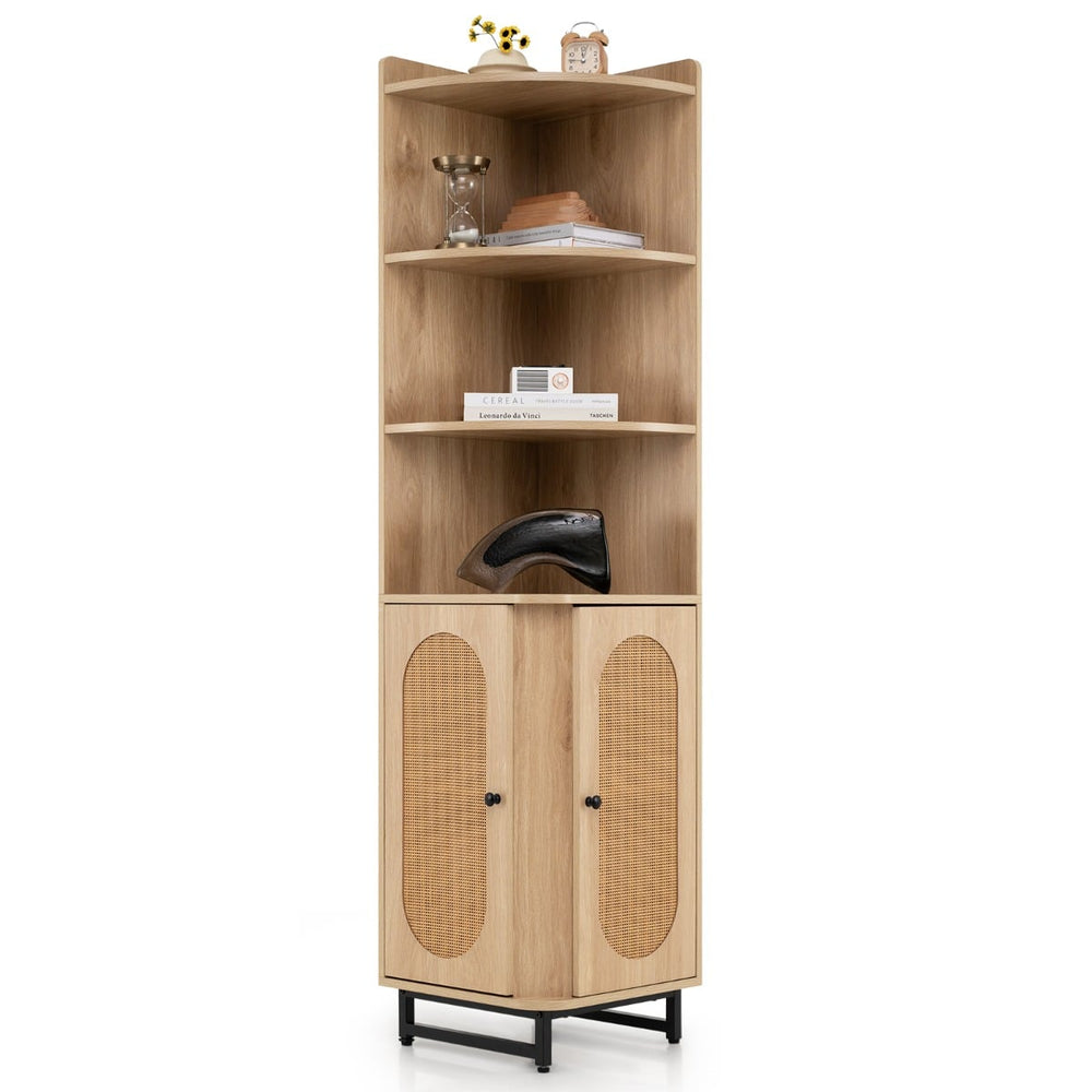 172 cm Tall PE Rattan Corner Cabinet with 2 Doors and 4 Open Shelves-Natural