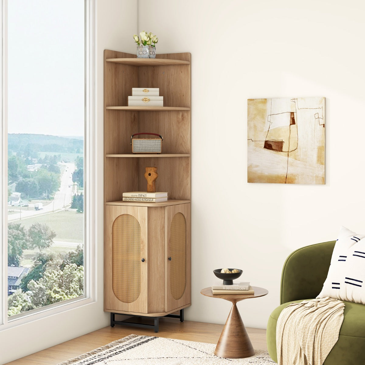 172 cm Tall PE Rattan Corner Cabinet with 2 Doors and 4 Open Shelves-Natural