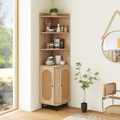 172 cm Tall PE Rattan Corner Cabinet with 2 Doors and 4 Open Shelves-Natural