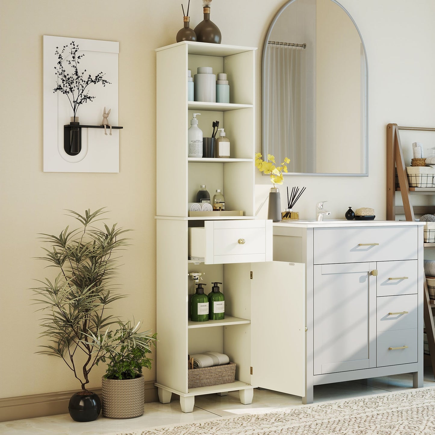 172cm Tall Bathroom Cabinet with Drawer and 3 Open Shelves-White