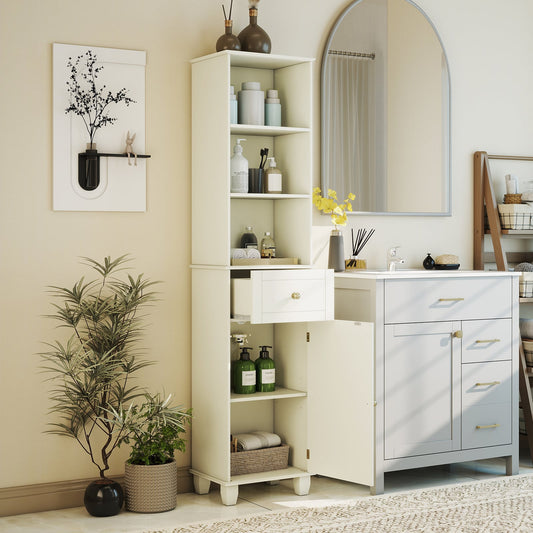 172cm Tall Bathroom Cabinet with Drawer and 3 Open Shelves-White