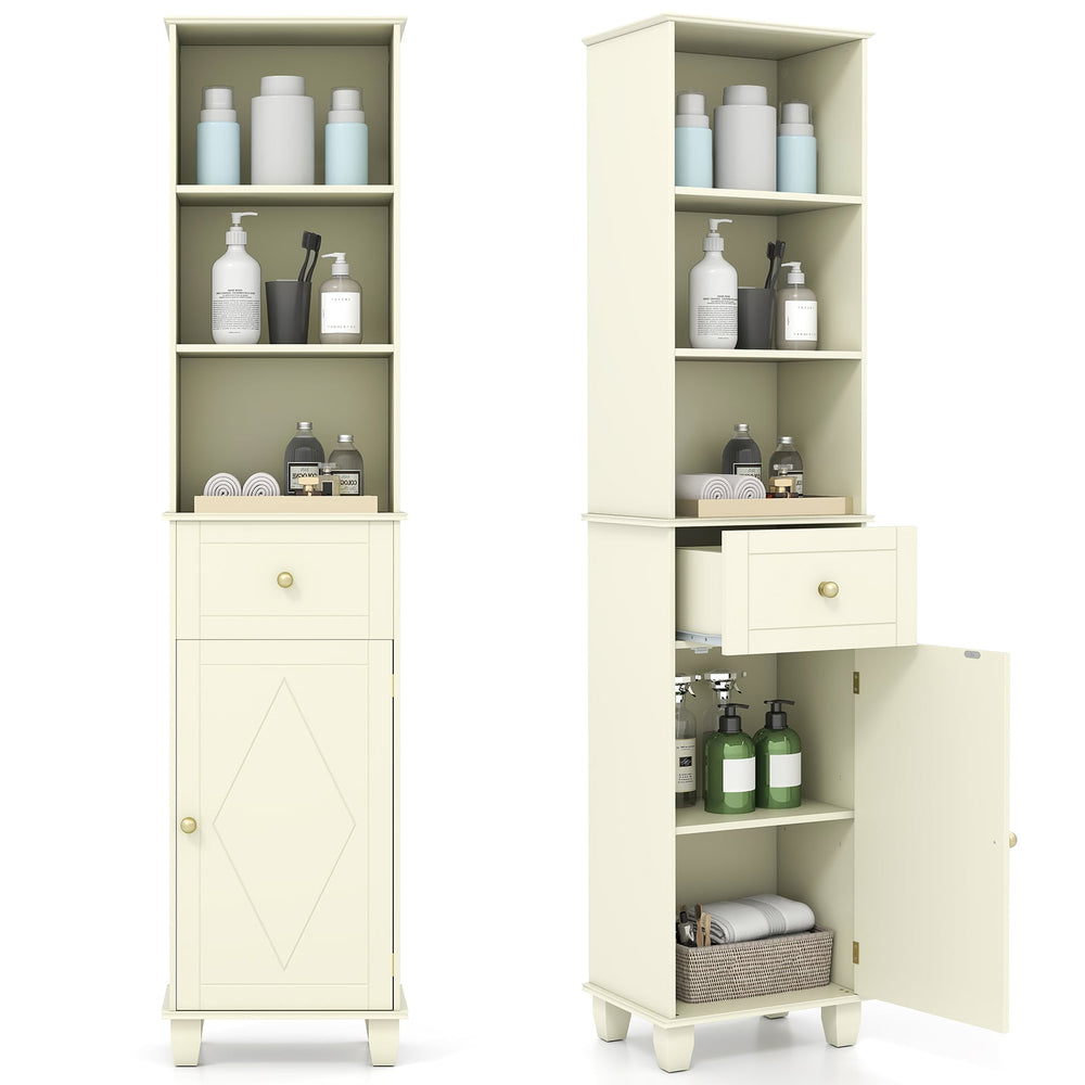 172cm Tall Bathroom Cabinet with Drawer and 3 Open Shelves-White