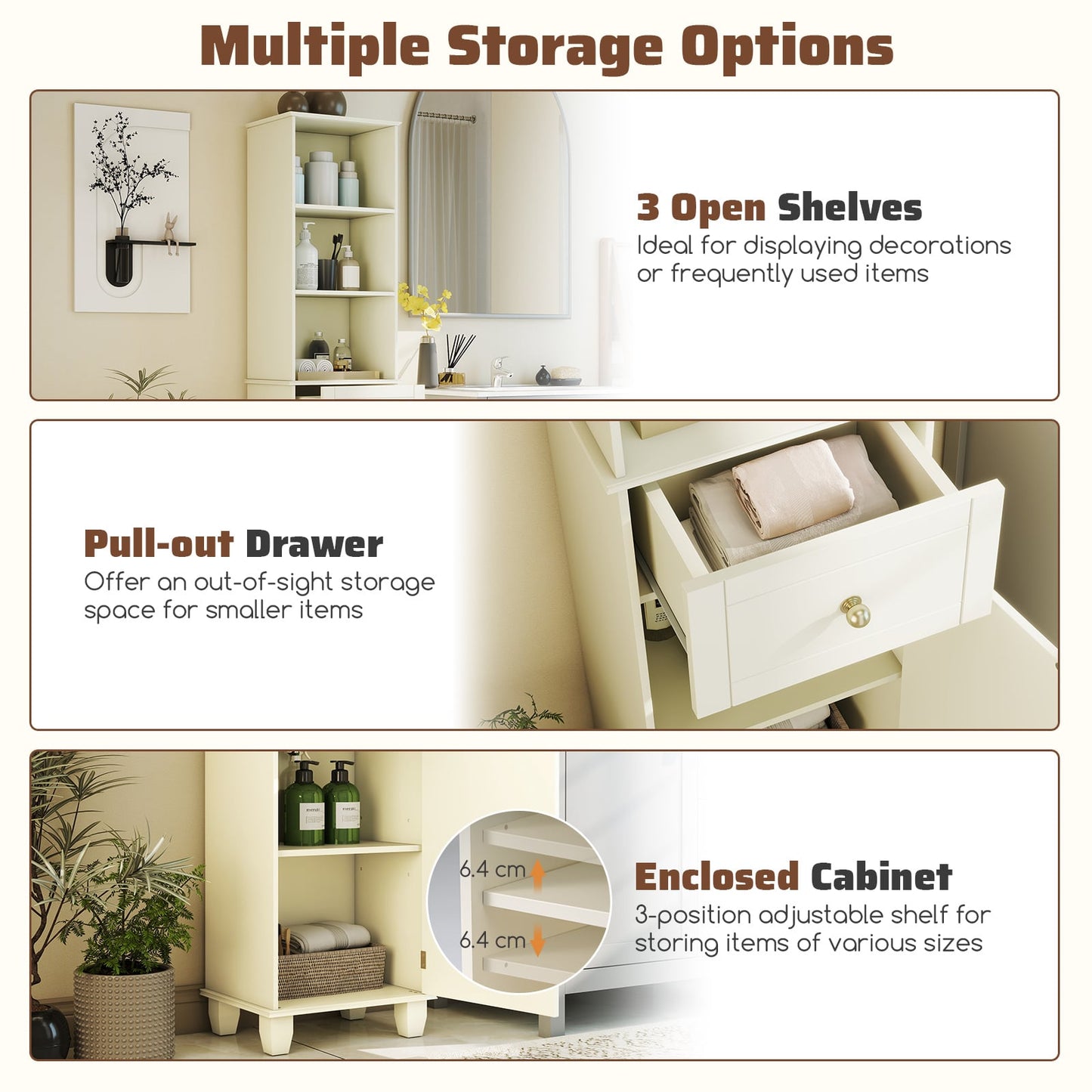 172cm Tall Bathroom Cabinet with Drawer and 3 Open Shelves-White
