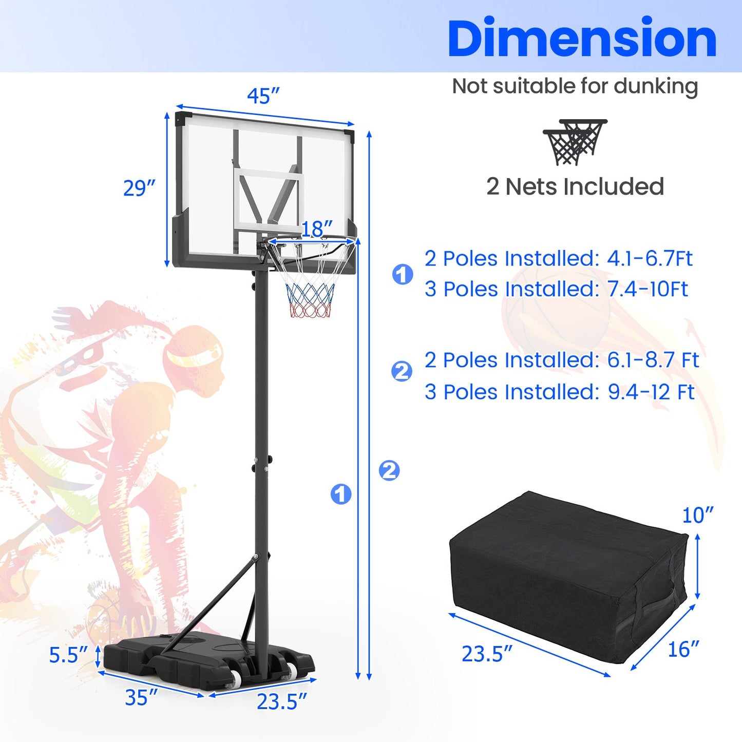 Portable Basketball Hoop Outdoor Basketball Goal System Adjustable for Kids Teens Adults