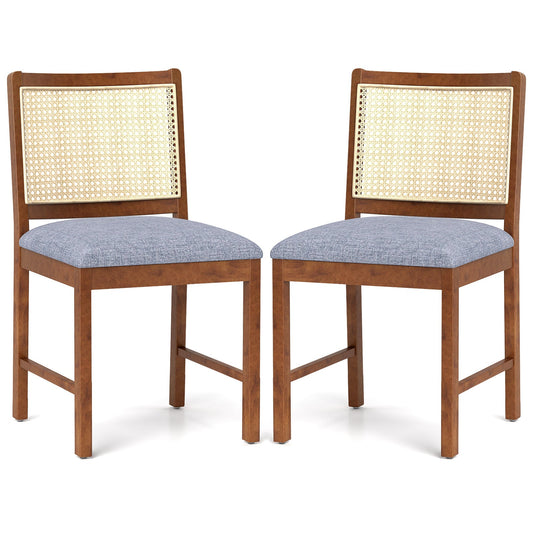 Rattan Dining Chair Set of 2 with Rubber Wood Frame and Linen Fabric Padded Seat-Walnut
