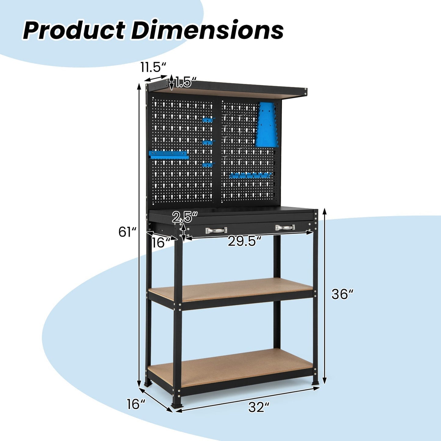 Tool Storage Workbench with Pegboard Shelves and Drawers-Blue