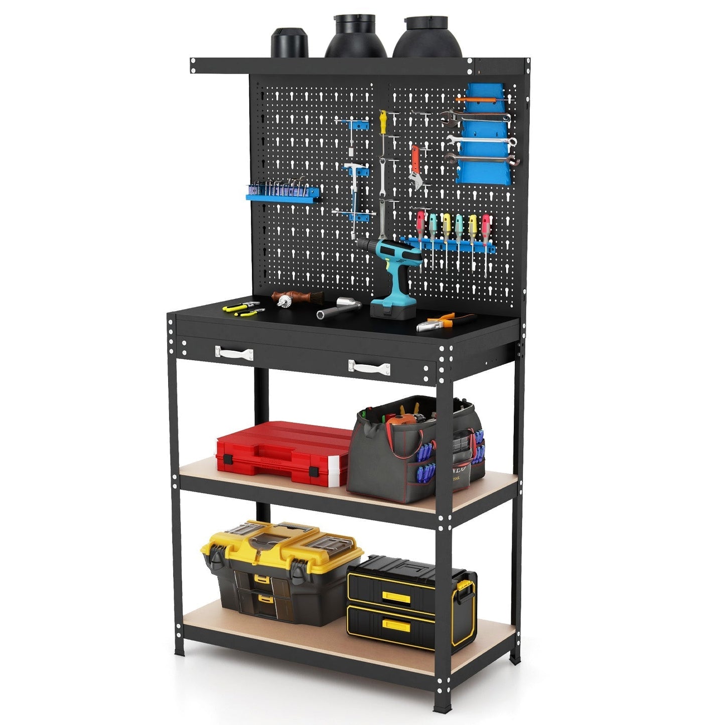 Tool Storage Workbench with Pegboard Shelves and Drawers-Blue