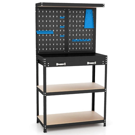 Tool Storage Workbench with Pegboard Shelves and Drawers-Blue