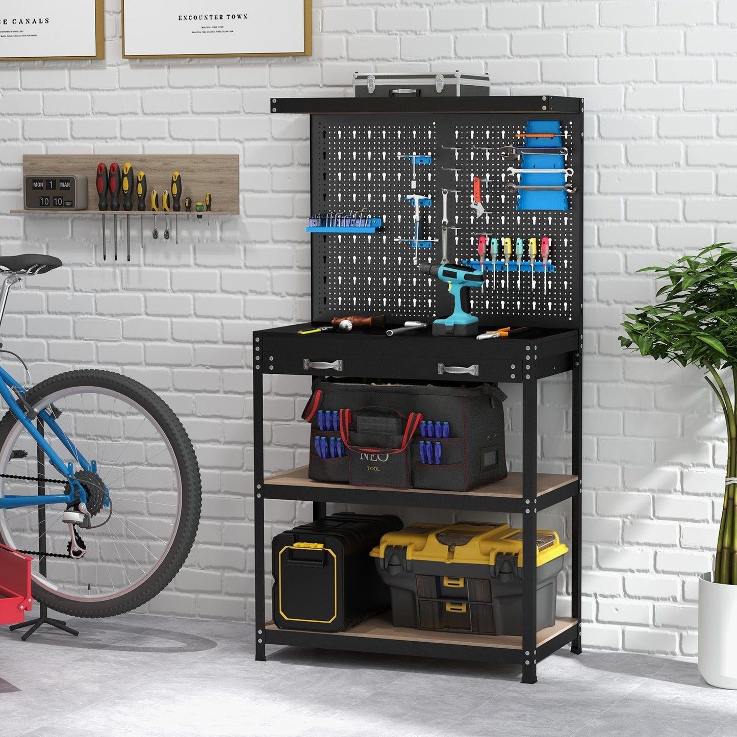Tool Storage Workbench with Pegboard Shelves and Drawers-Blue