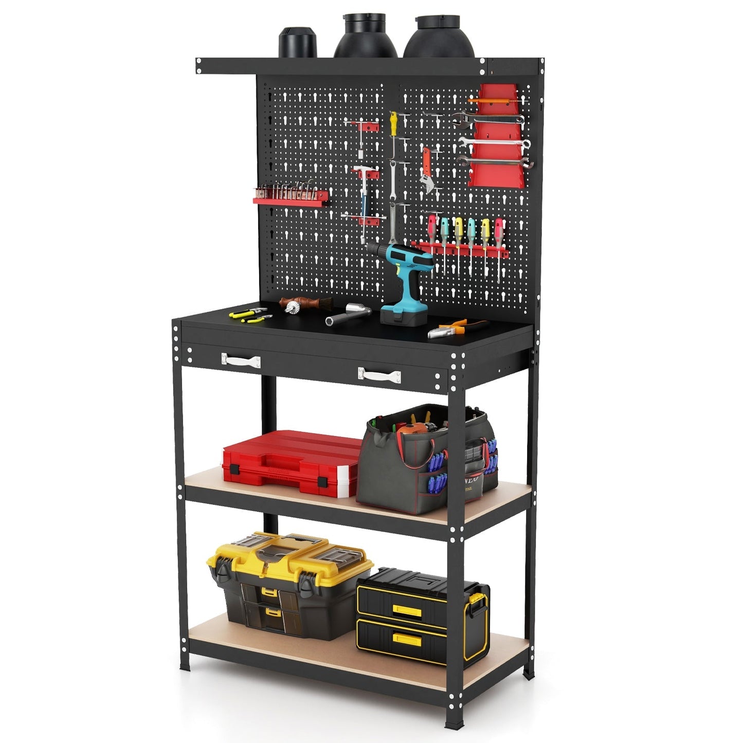 Tool Storage Workbench with Pegboard Shelves and Drawers-Red