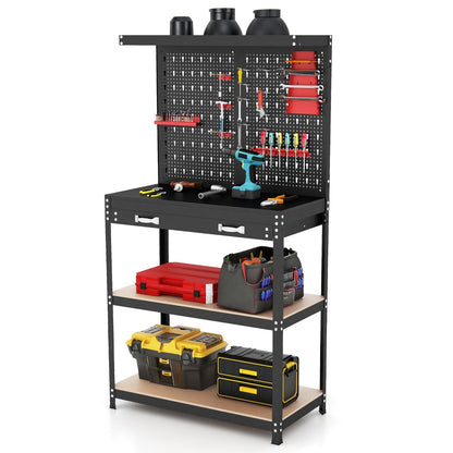 Tool Storage Workbench with Pegboard Shelves and Drawers-Red