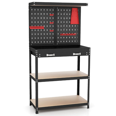 Tool Storage Workbench with Pegboard Shelves and Drawers-Red