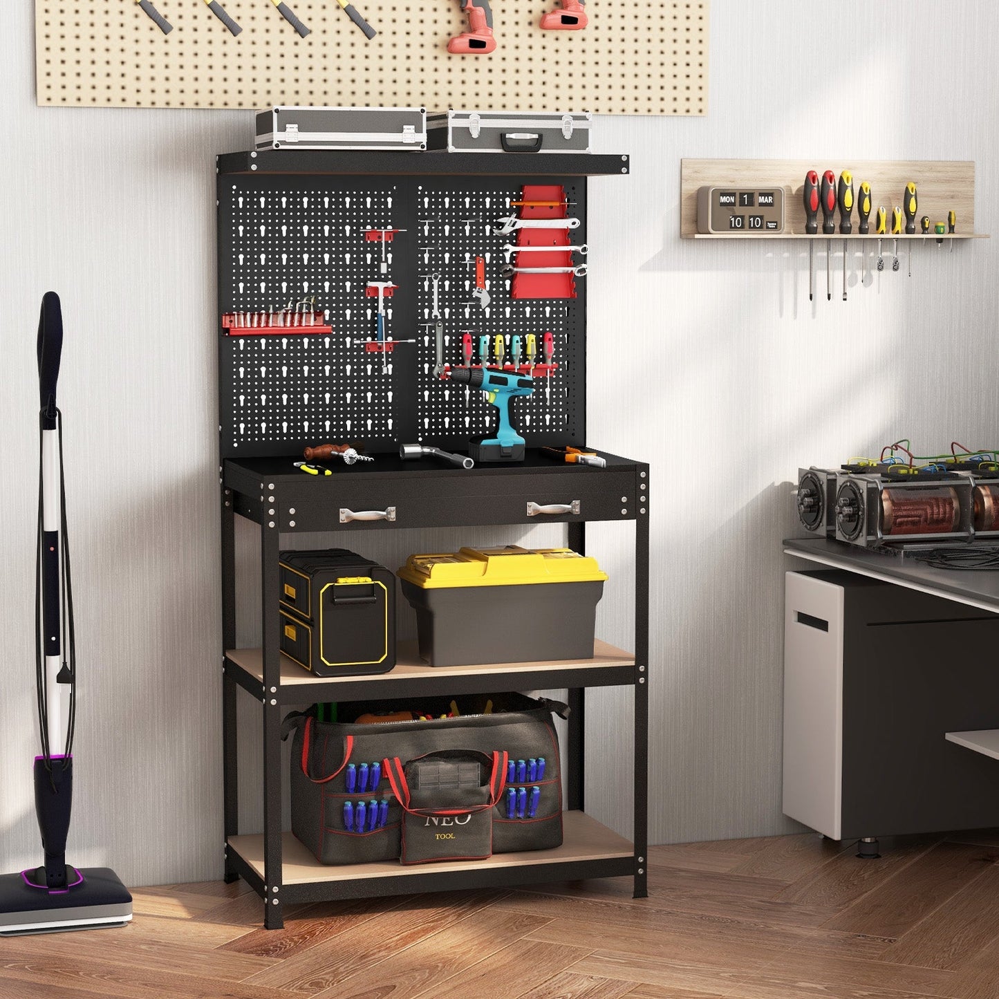 Tool Storage Workbench with Pegboard Shelves and Drawers-Red