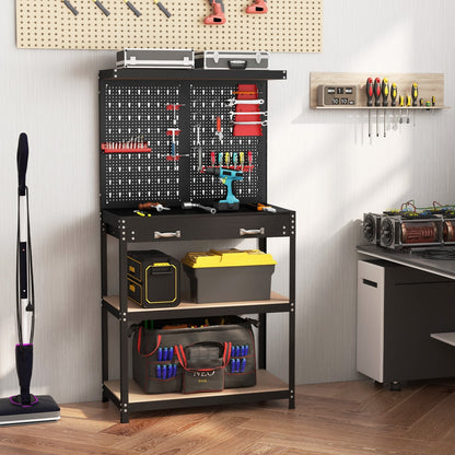 Tool Storage Workbench with Pegboard Shelves and Drawers-Red