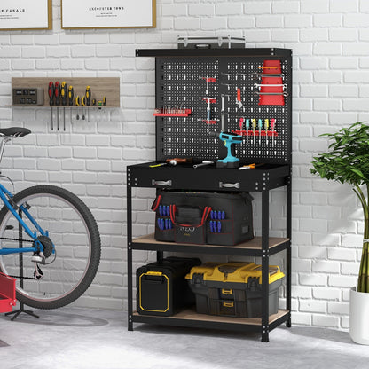 Tool Storage Workbench with Pegboard Shelves and Drawers-Red