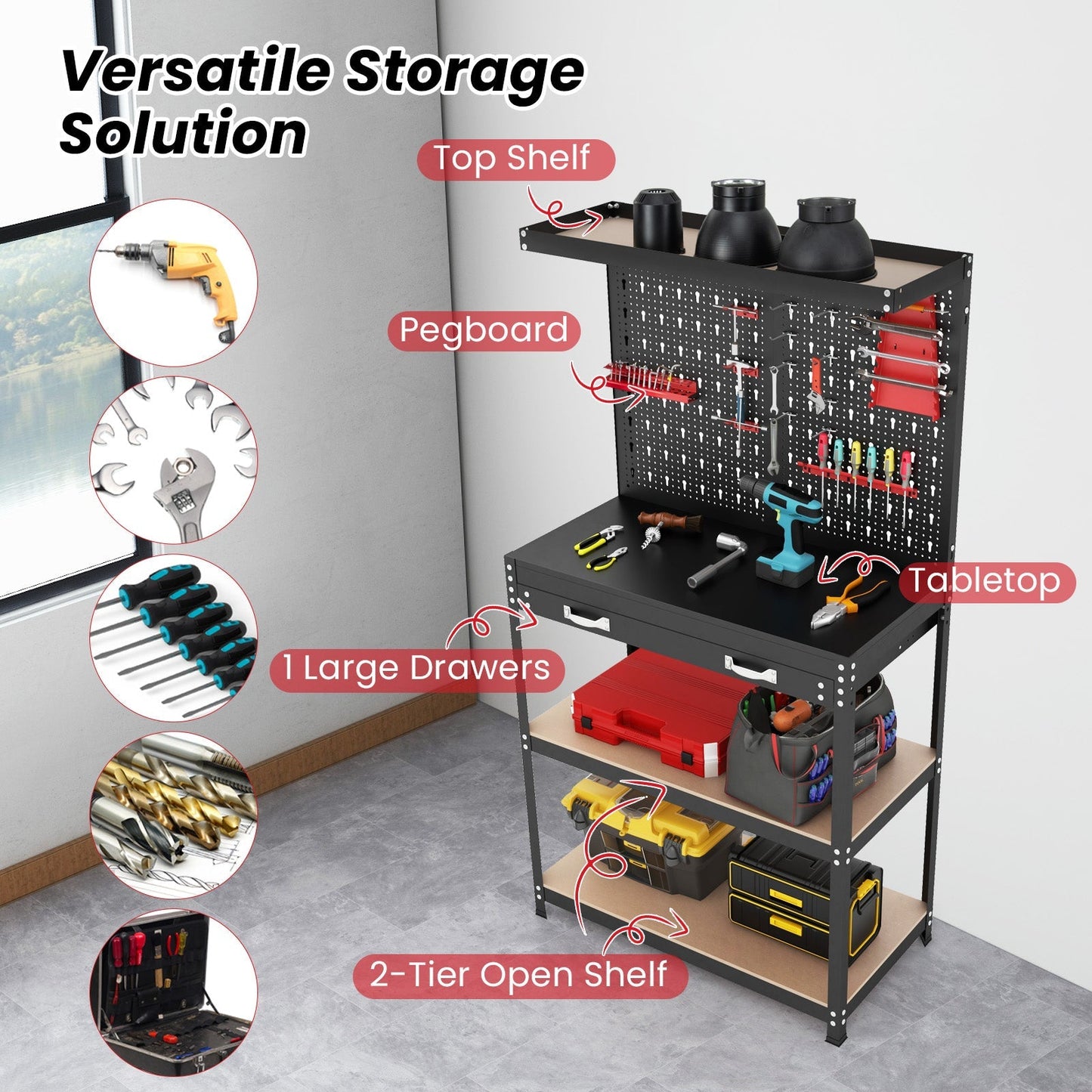 Tool Storage Workbench with Pegboard Shelves and Drawers-Red