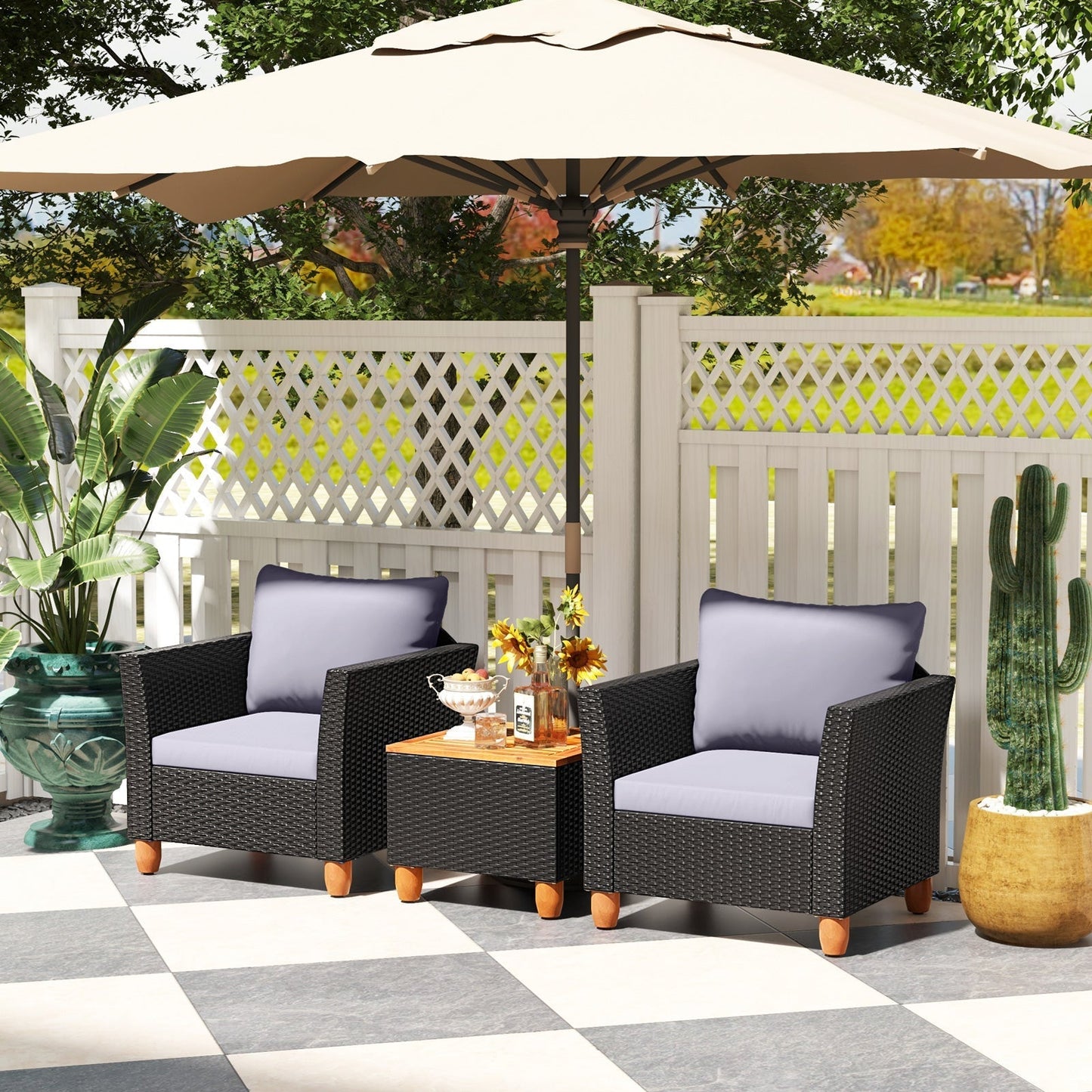 3 Pieces Patio Porch Furniture Set with Cushions and Storage Table-Grey
