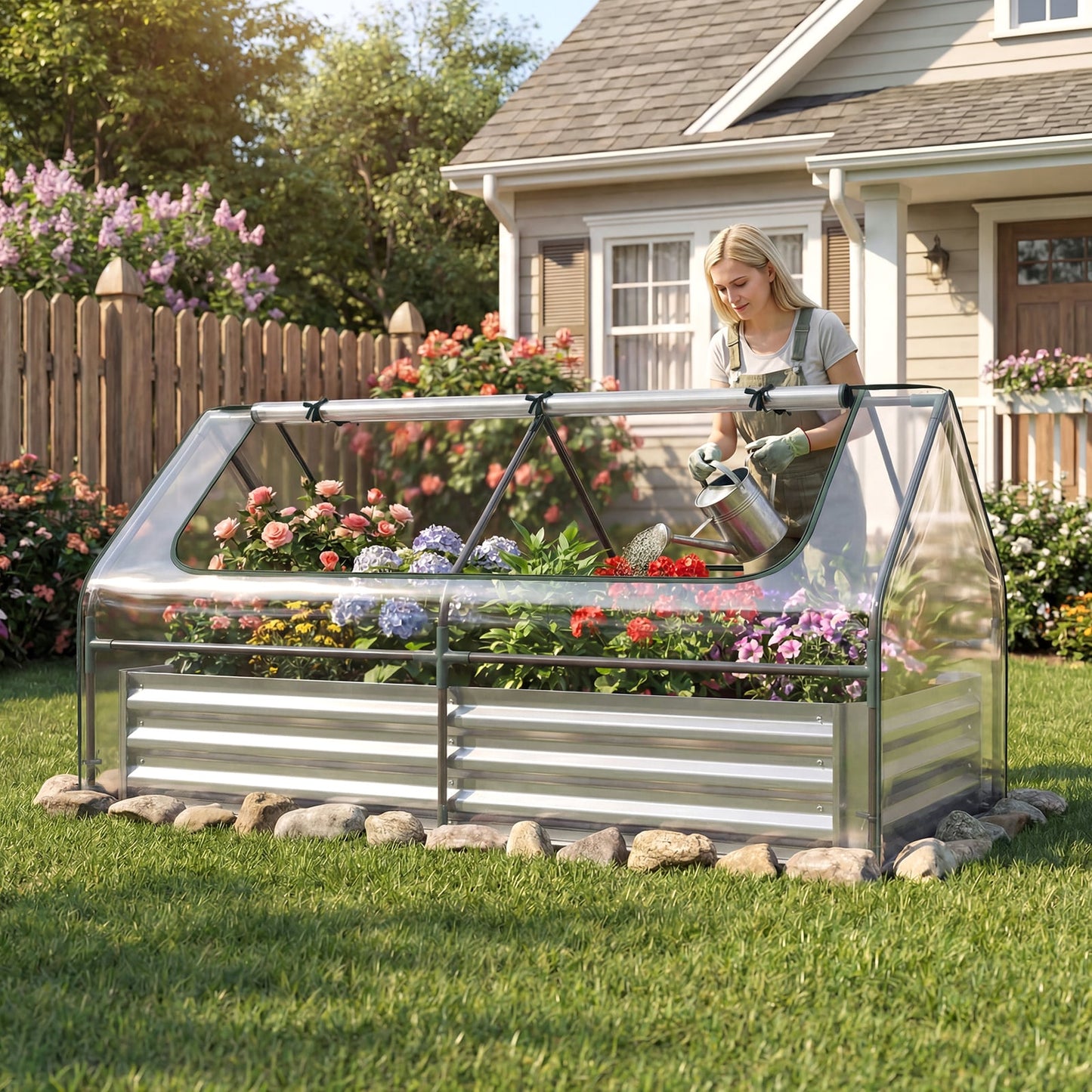 174 x 84 x 30 cm Galvanized Raised Garden Bed with Cover-Silver