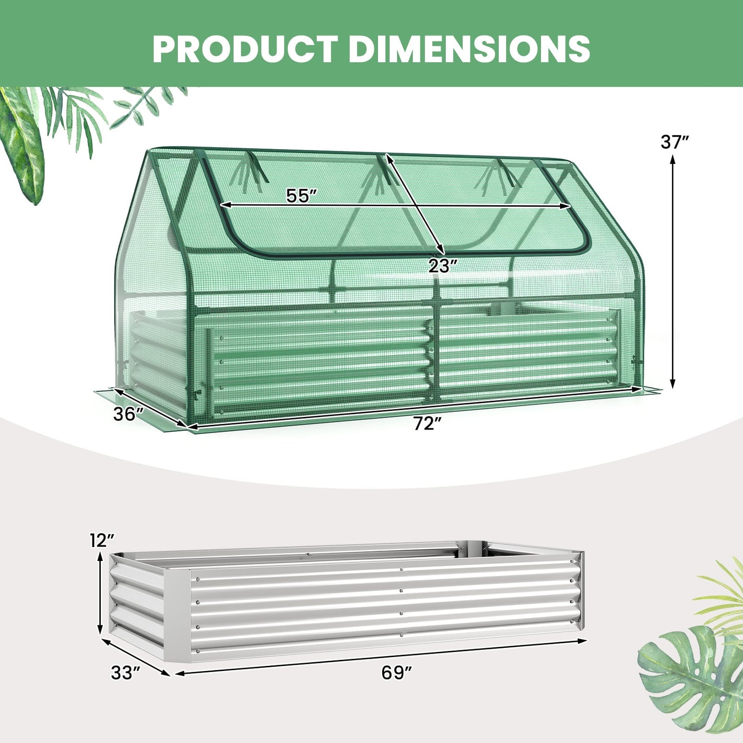 174 x 84 x 30 cm Raised Garden Bed with Cover-Green