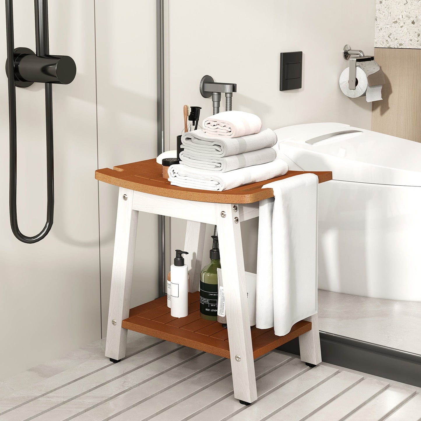 HIPS Shower Bench Seat with Handle Shower Head-Brown & White