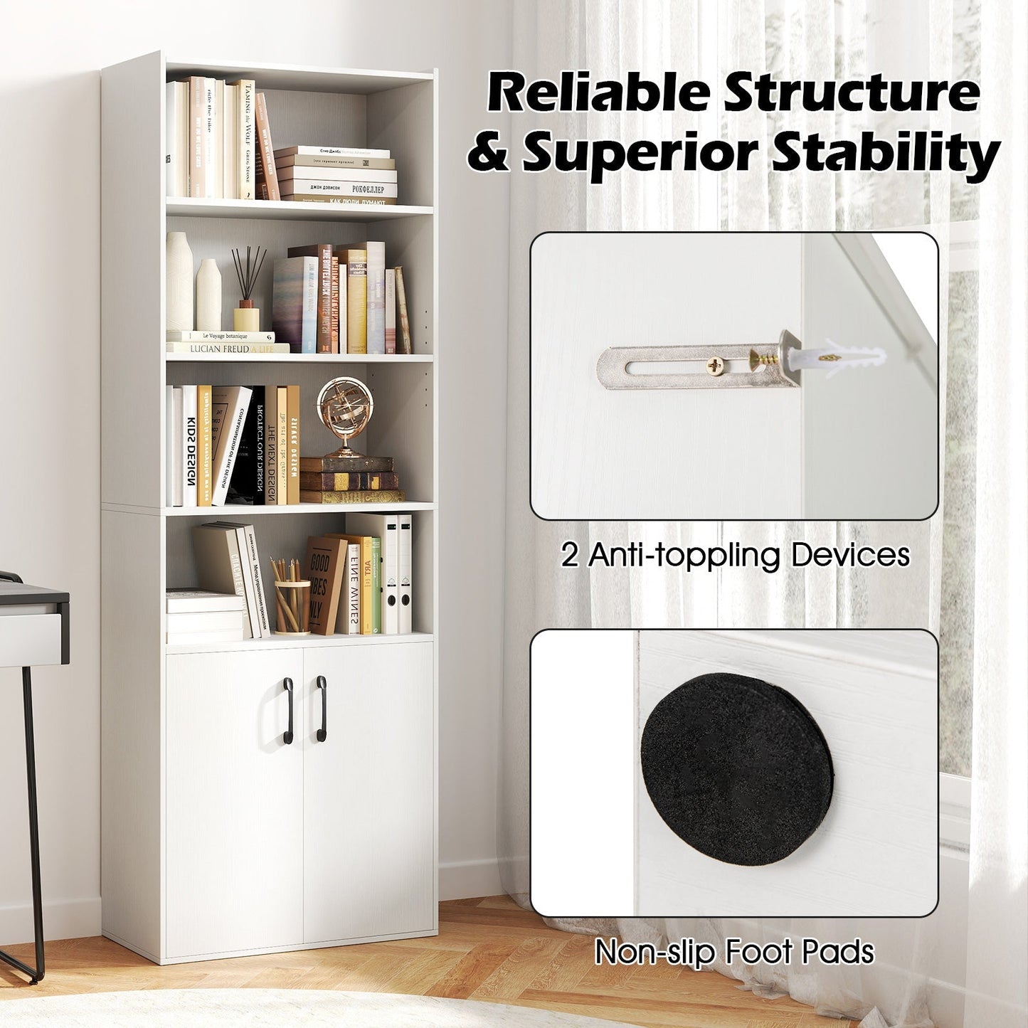 6-tier Modern Style Bookcase with Adjustable Shelves-White