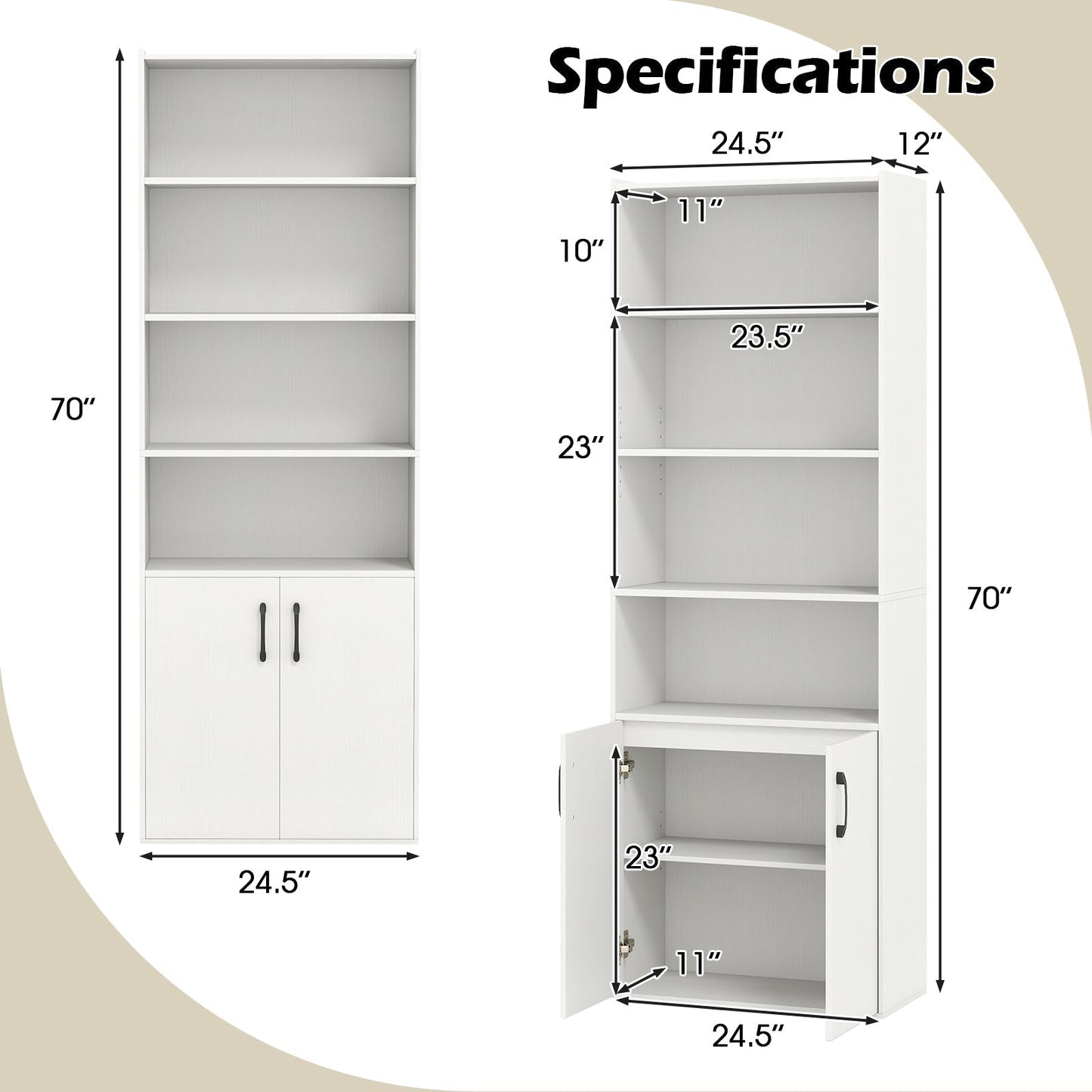 6-tier Modern Style Bookcase with Adjustable Shelves-White