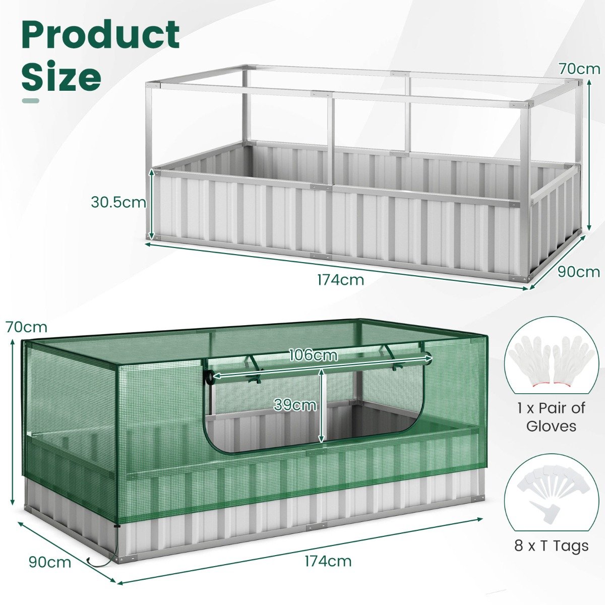 174 x 90 x 70 cm Galvanized Raised Garden Bed with Cover
