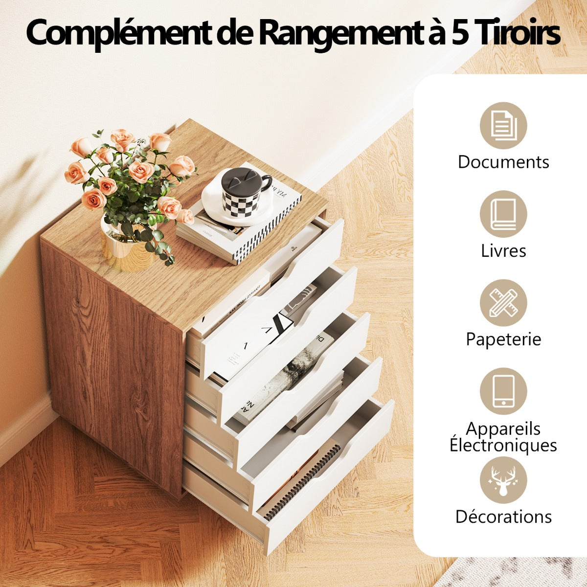 Mobile filing cabinet with 5 drawers, 48 x 39.5 x 65.5 cm, natural
