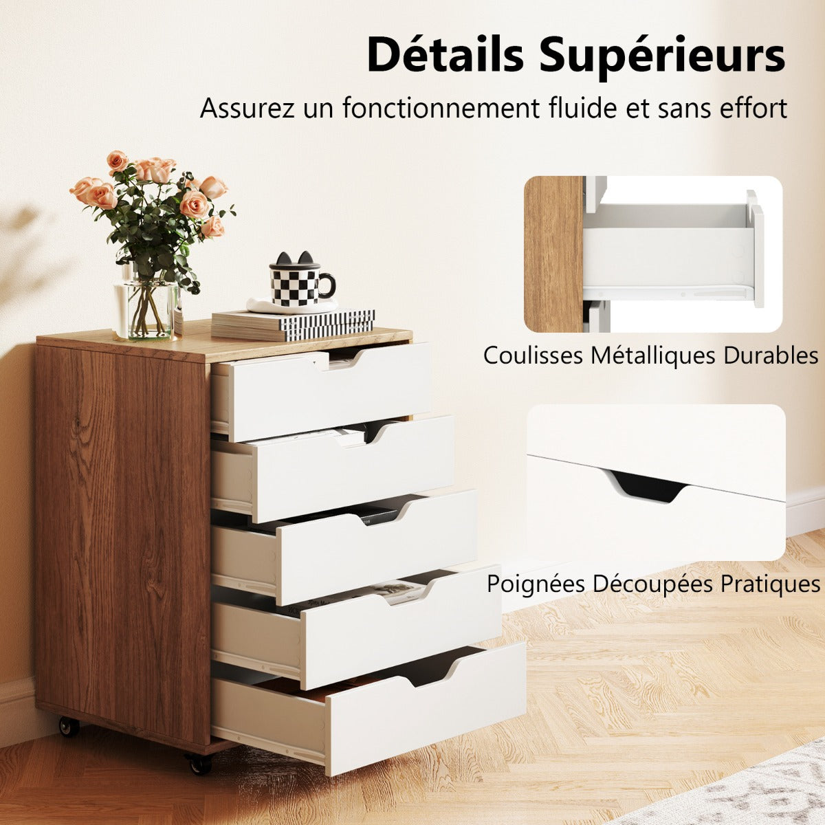 Mobile filing cabinet with 5 drawers, 48 x 39.5 x 65.5 cm, natural