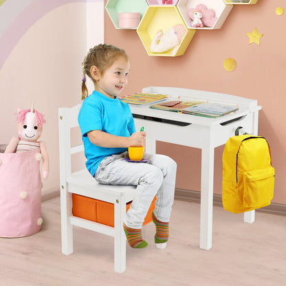 Wood Activity Kids Table and Chair Set with Storage Space-White
