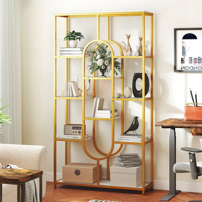175CM 10-Tier Geometric Bookshelf with Faux Marble Shelves-White & Golden