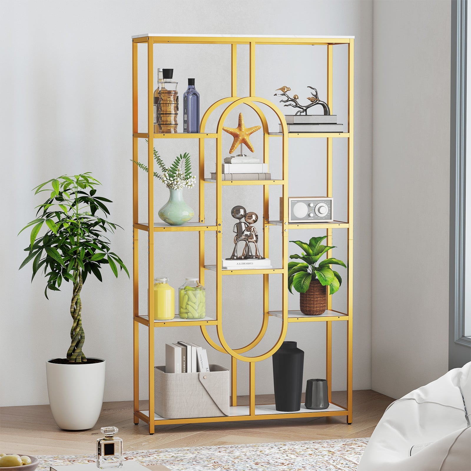 175CM 10-Tier Geometric Bookshelf with Faux Marble Shelves-White & Golden