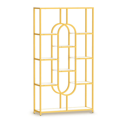 175CM 10-Tier Geometric Bookshelf with Faux Marble Shelves-White & Golden